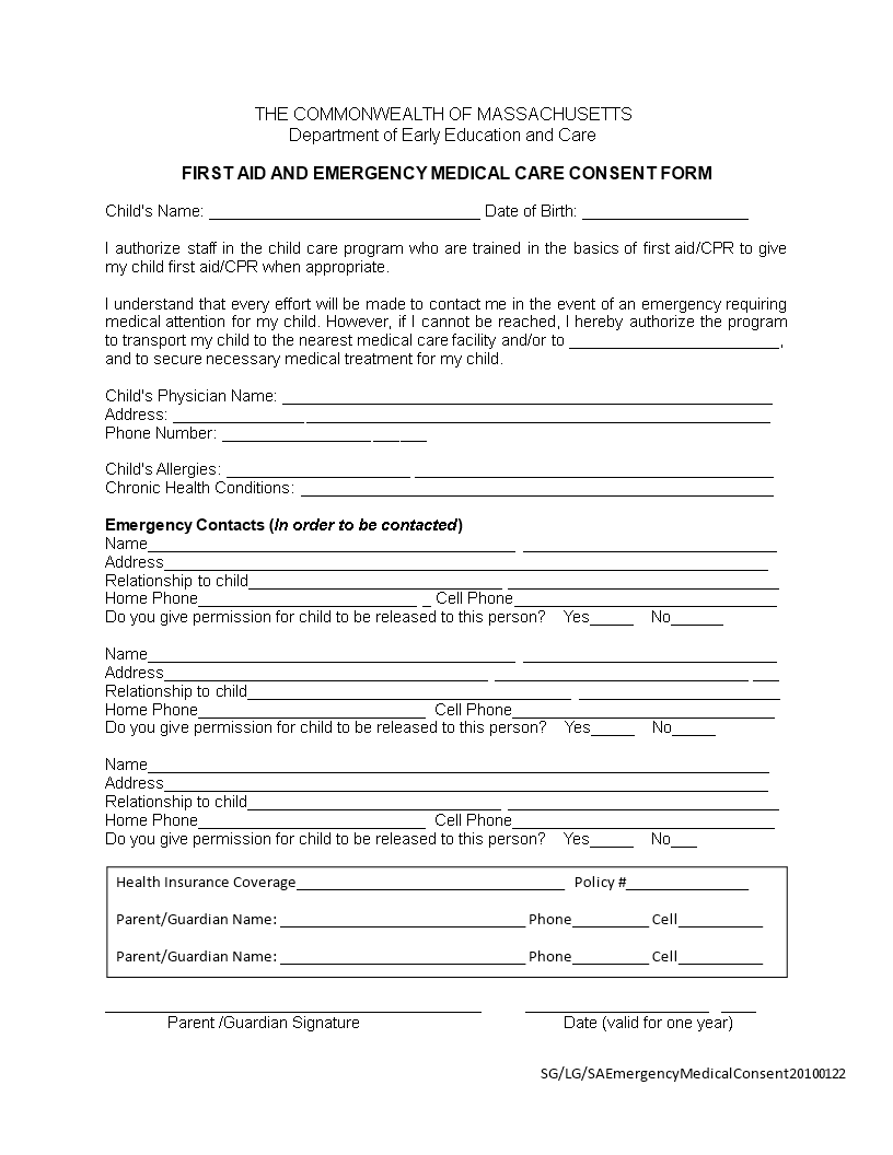 first aid medical consent form template