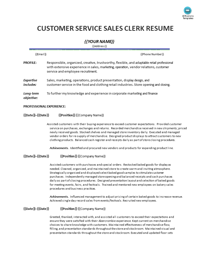Customer Service Sales Clerk Resume 模板