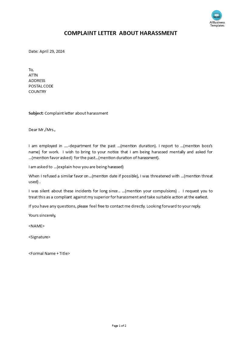 Complaint Letter About Harassment | Templates at ...