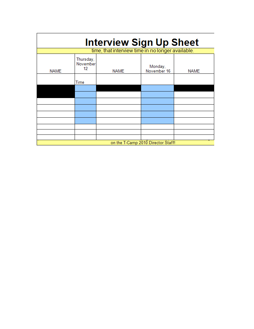 Interview Sign-up Sheet Excel XLS main image