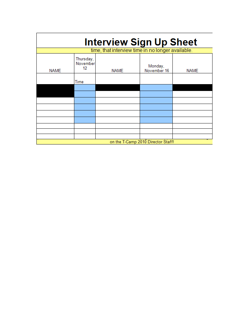 interview sign-up sheet excel xls Hauptschablonenbild