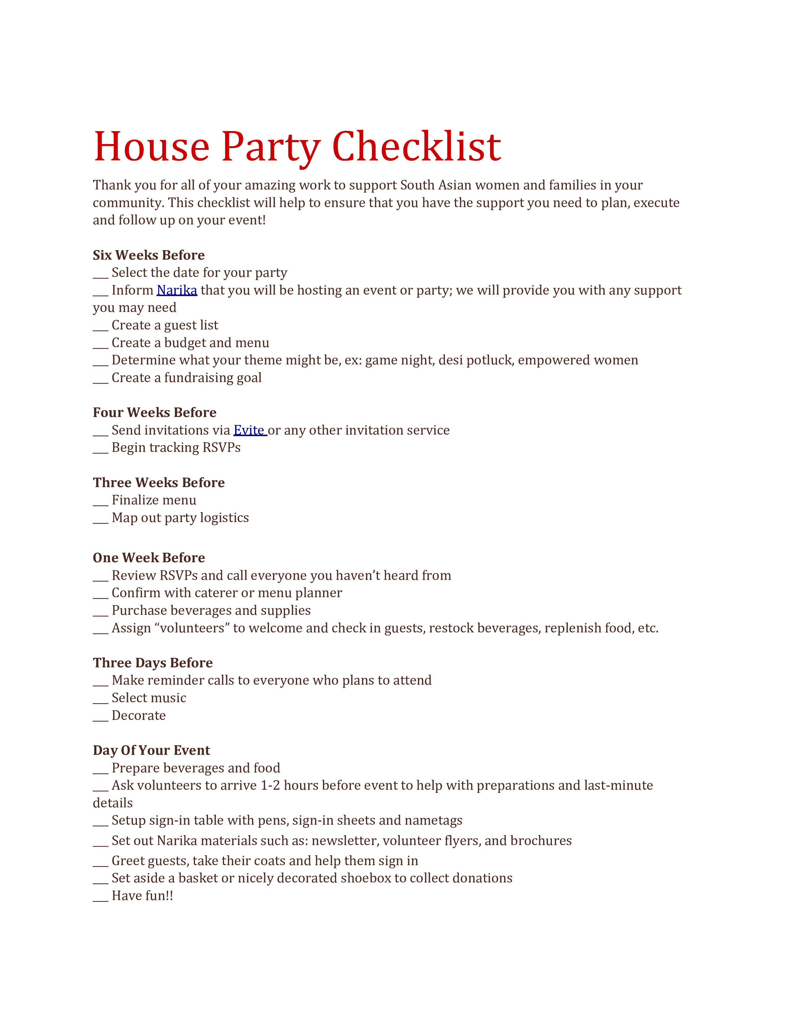 House Party Checklist 模板