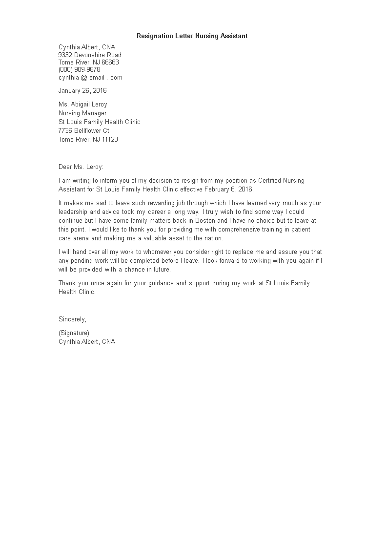 resignation letter nursing assistant modèles