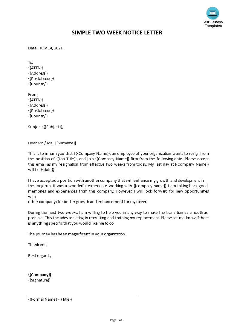2 Weeks Notice Resignation Letter Format Templates At 