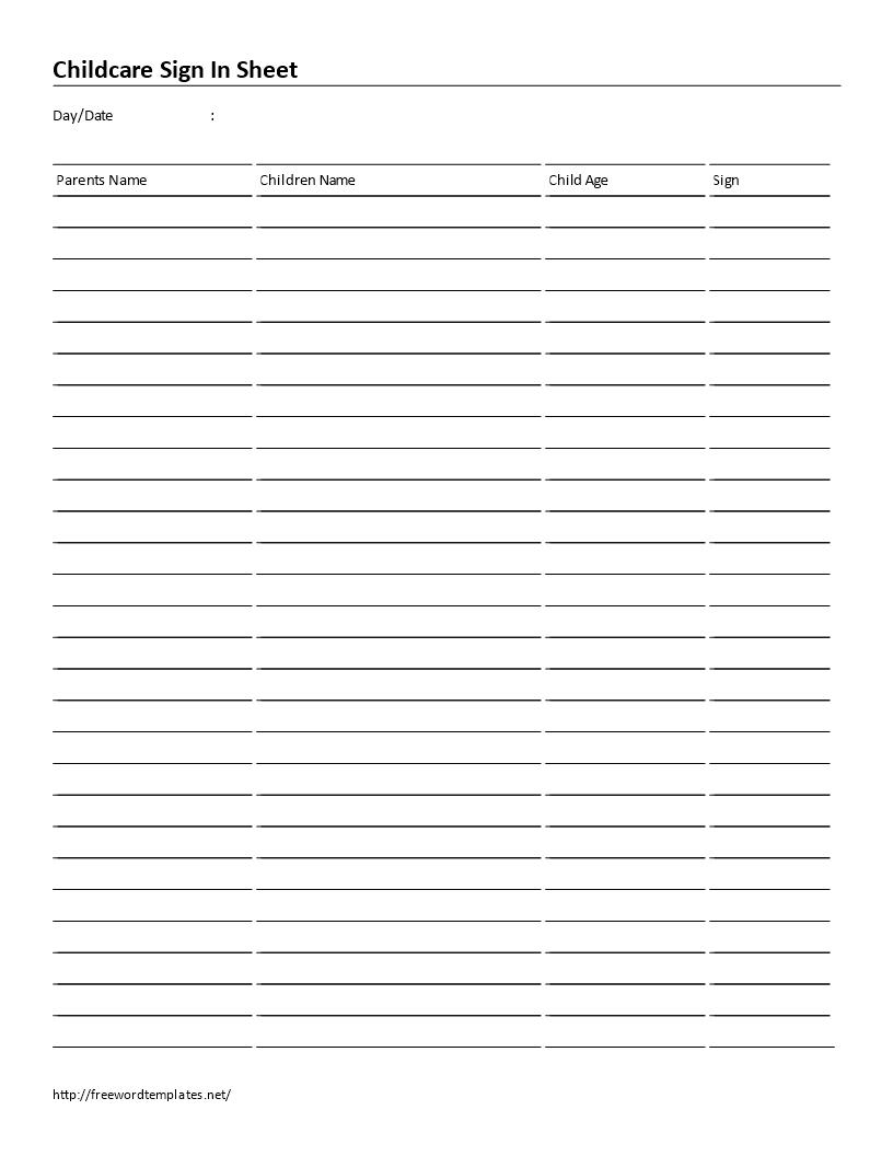 Childcare Sign-In Sheet with 4 Columns main image