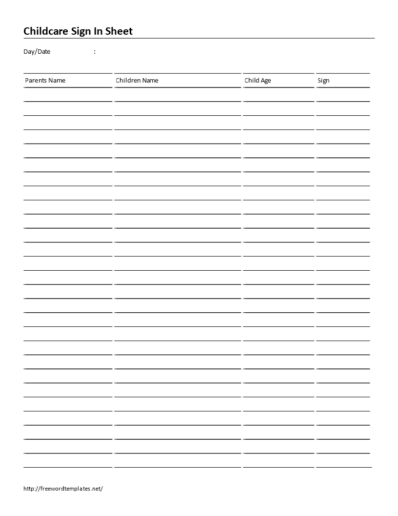 Childcare Sign-In Sheet with 4 Columns 模板