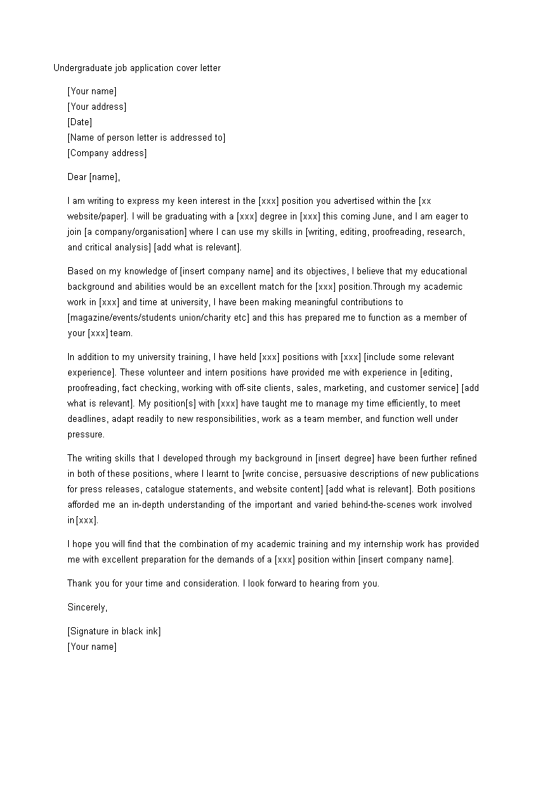 undergraduate student cover letter template