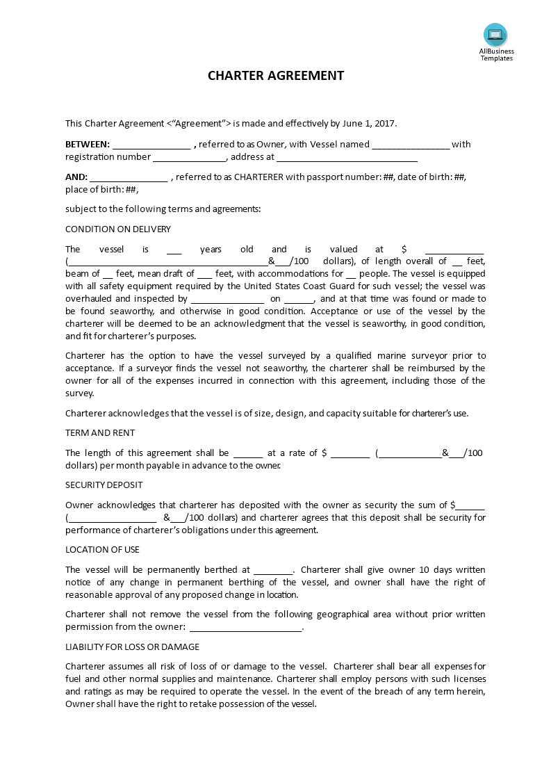 agreement to charter a vehicle template