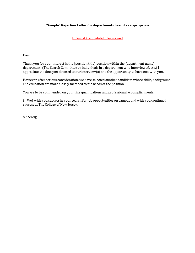 applicant rejection letter after interview modèles