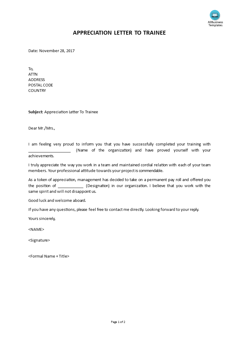 appreciation letter trainee plantilla imagen principal