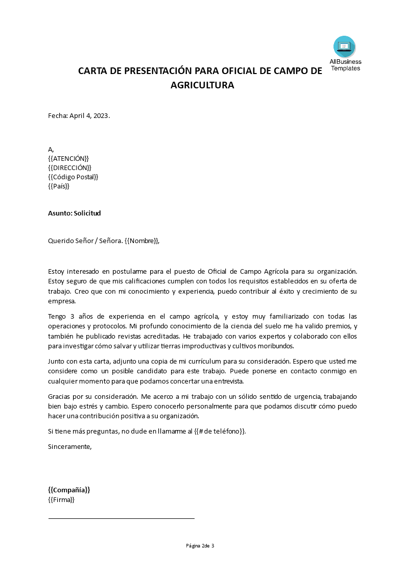 carta de presentación de trabajo agrícola plantilla imagen principal