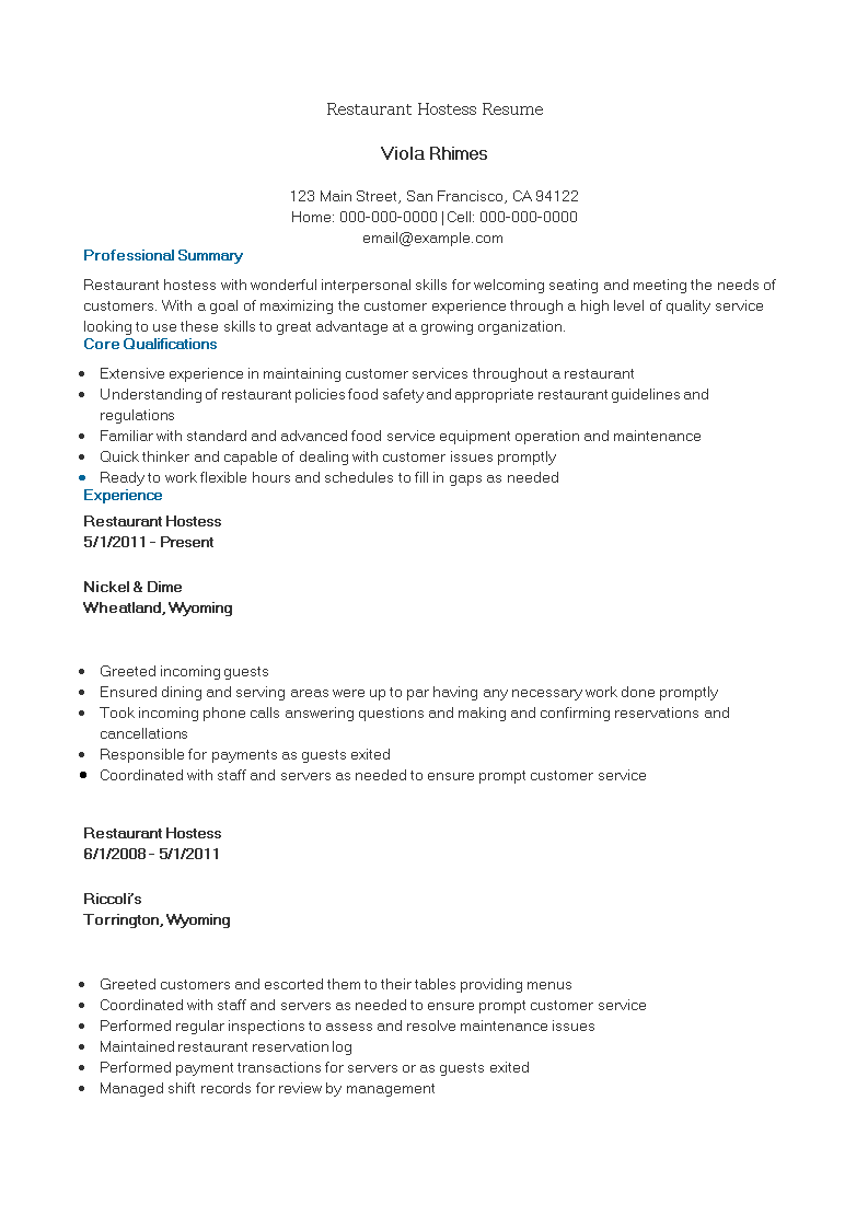 Restaurant Hostess Resume main image