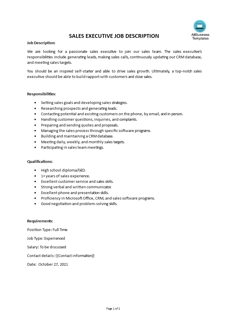 retail sales executive job description template