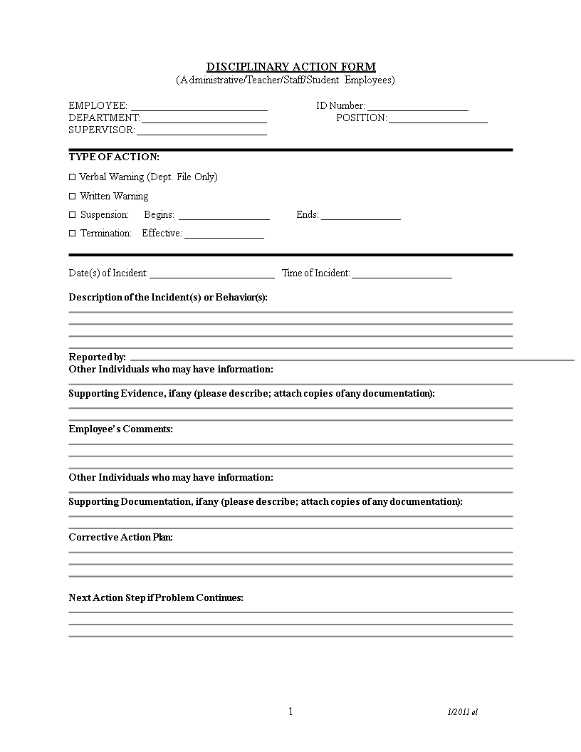 teacher disciplinary action form template