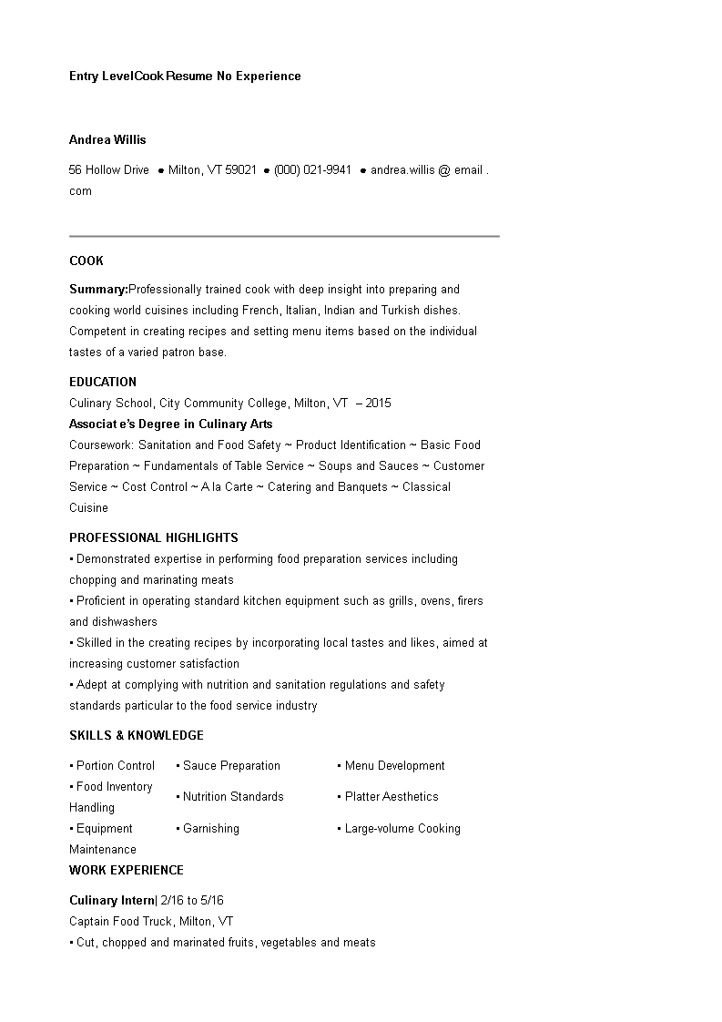 entry level cook resume no experience template