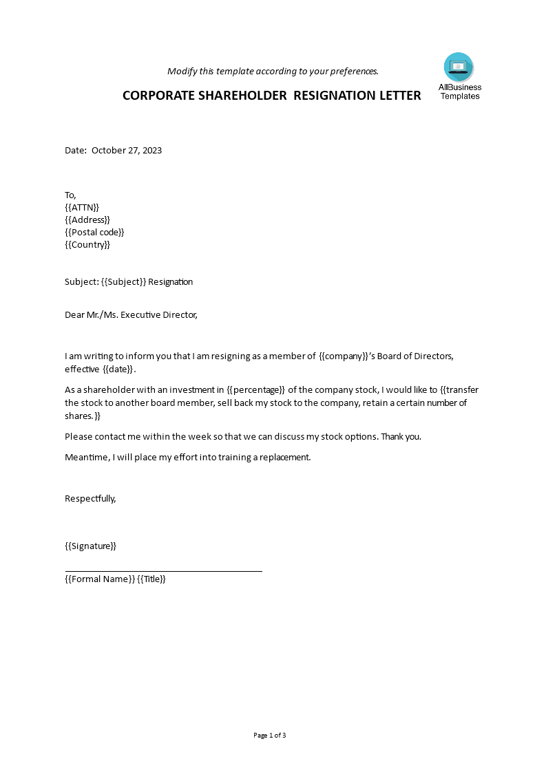 Corporate Shareholder Resignation Letter 模板