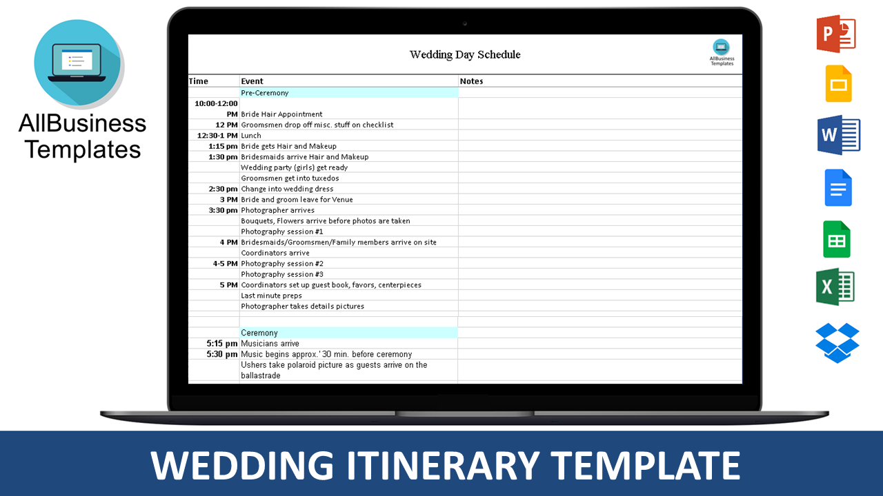 wedding itinerary xls excel spreadsheet template
