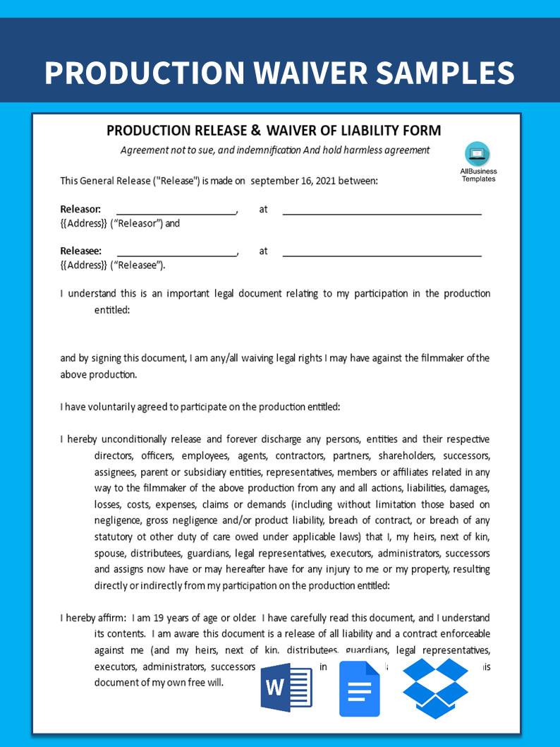 production waiver of liability modèles