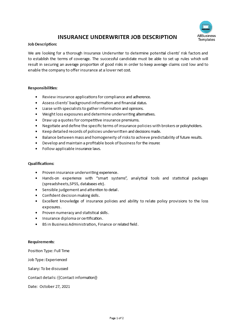 insurance underwriter job description modèles