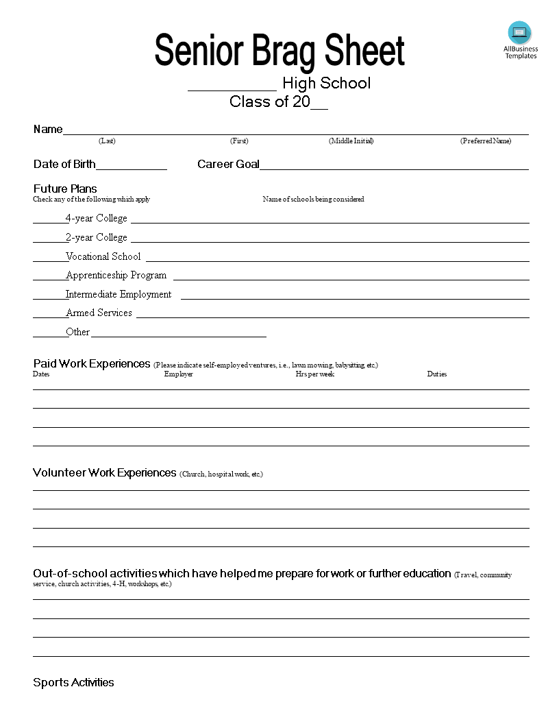 Senior Brag Common Core Sheet Templates at allbusinesstemplates com