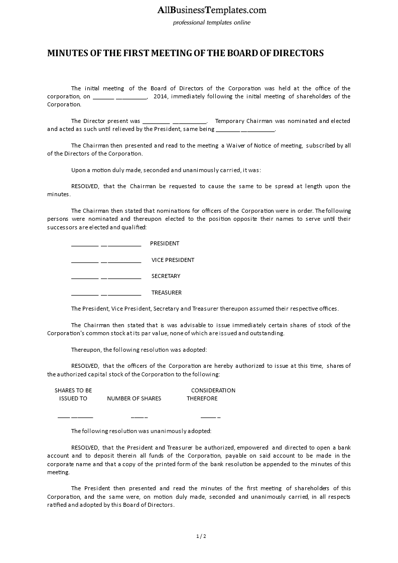 minutes first meeting of the board of directors template