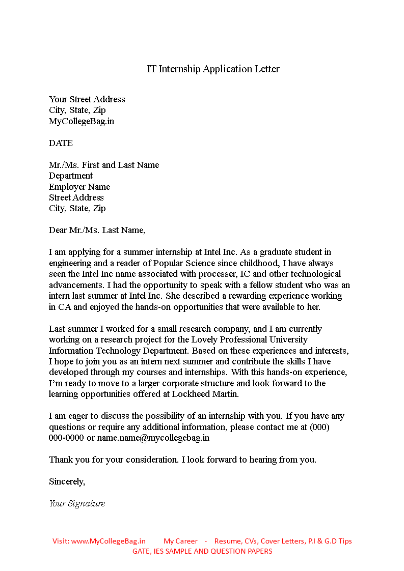 internship application letter for it students