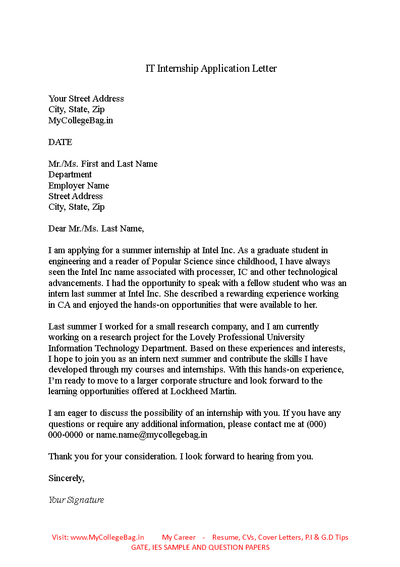 IT Internship Application Letter Templates At Allbusinesstemplates