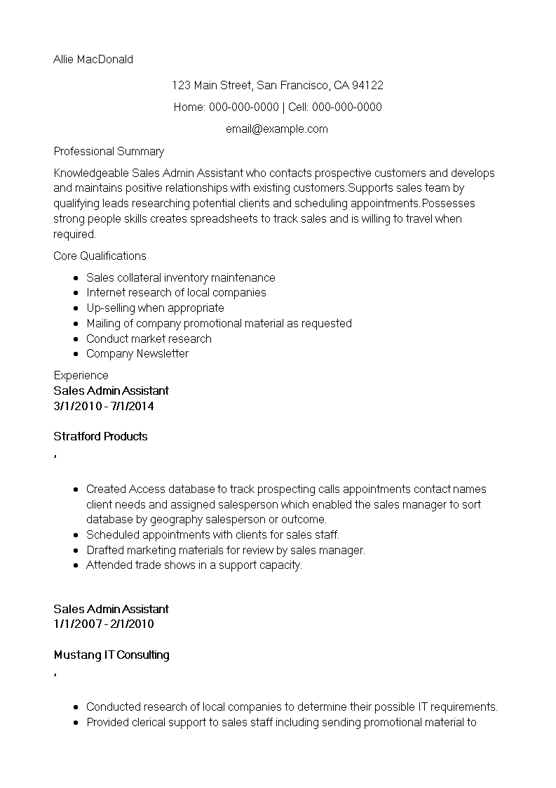 sales executive assistant resume modèles