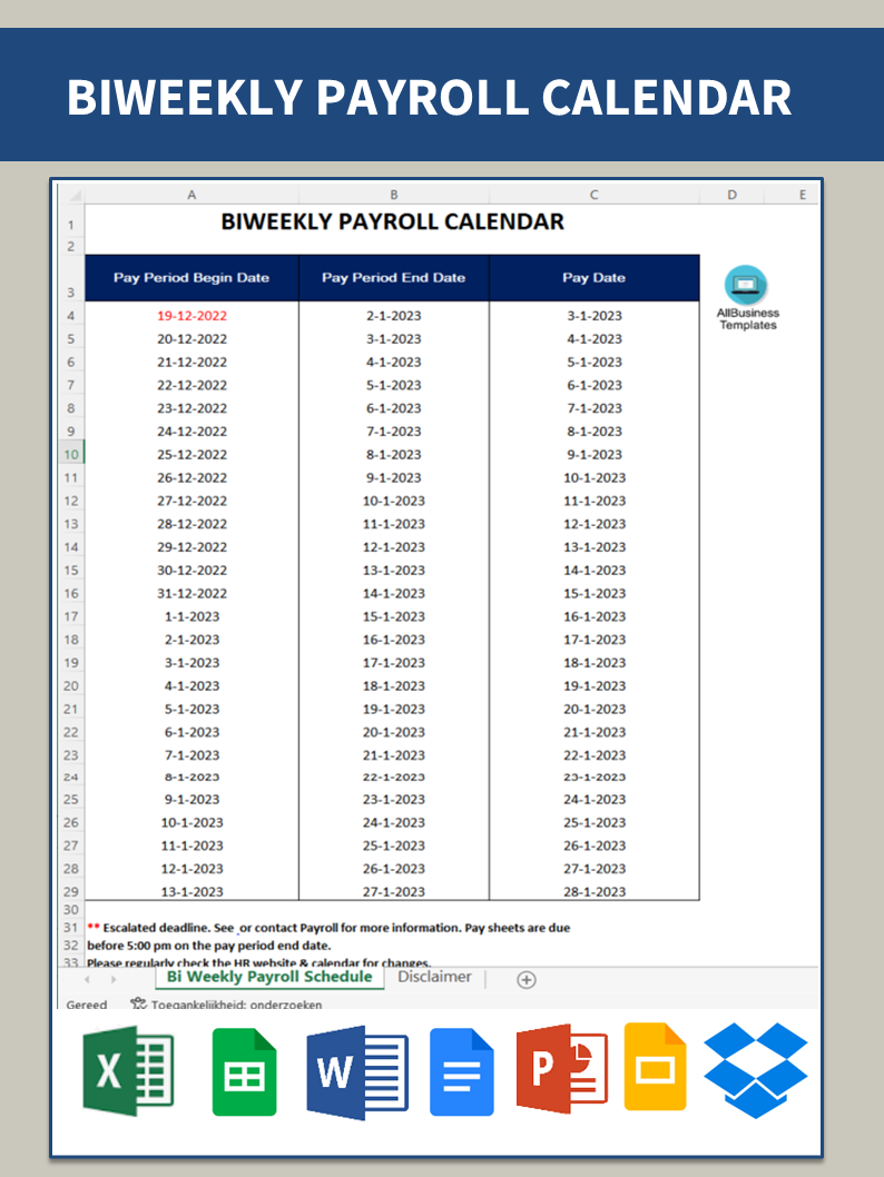 bi-lingguhang kalendaryo ng payroll plantilla imagen principal