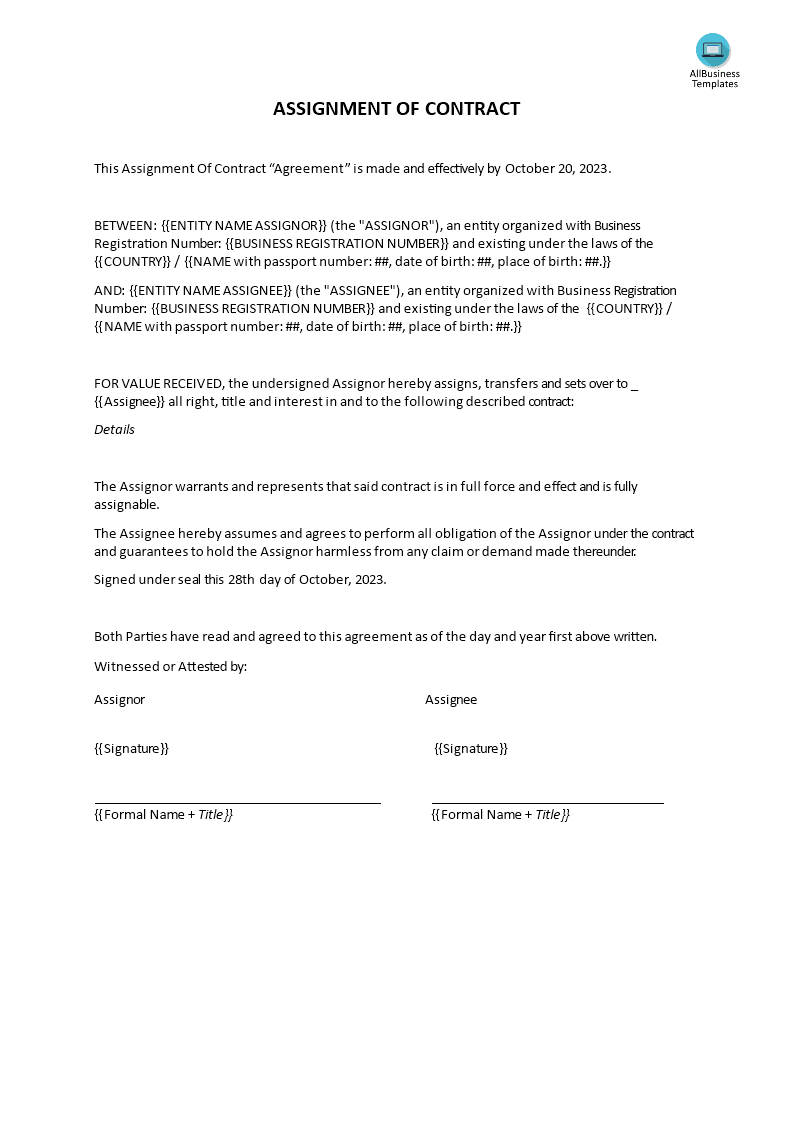 Assignment of contract - Premium Schablone Regarding contract assignment agreement template