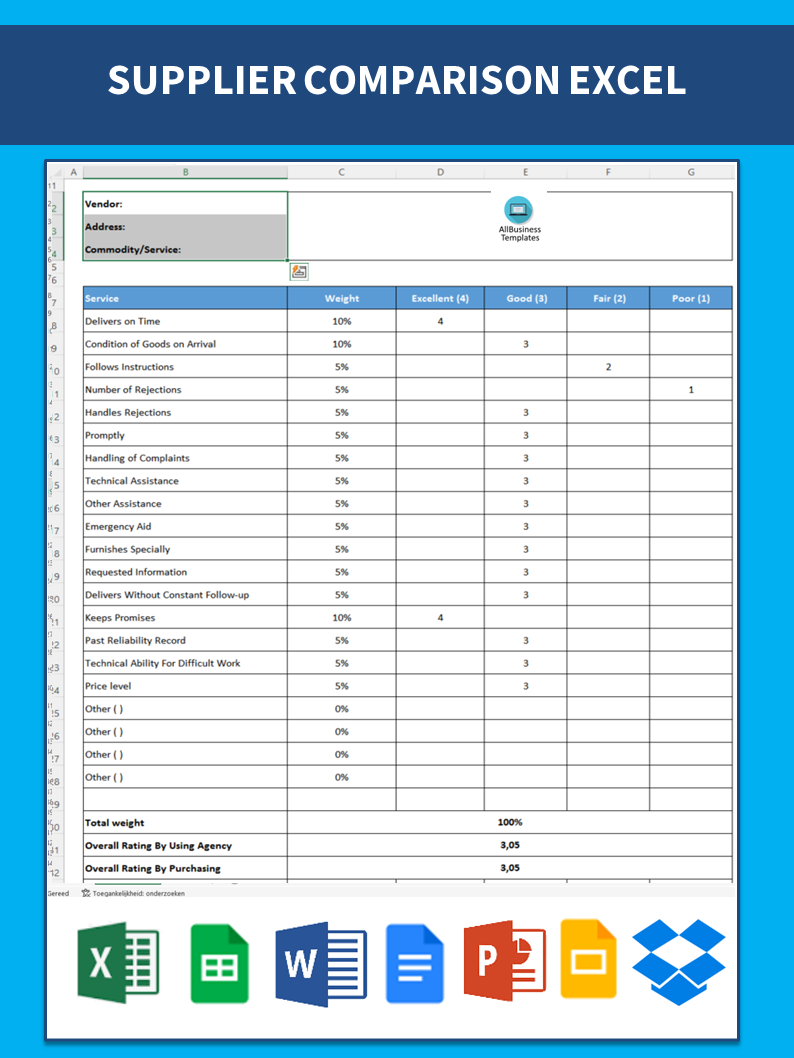 vendor rating excel sheet with weighting voorbeeld afbeelding 