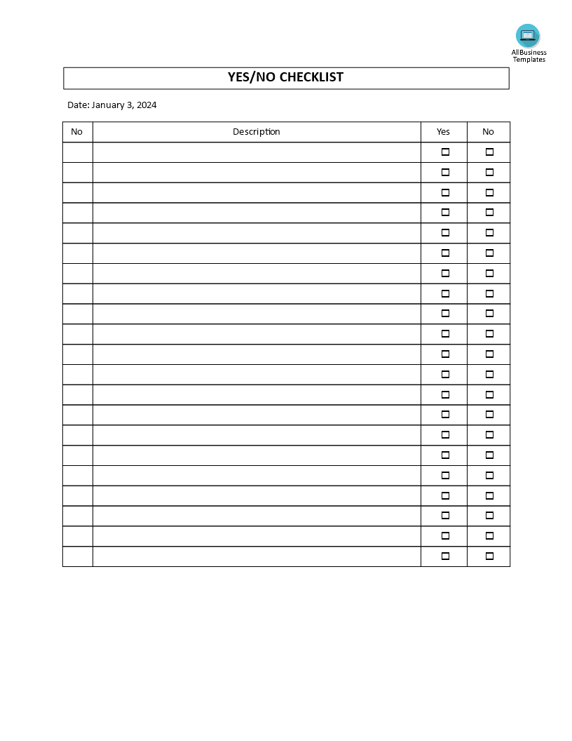 Kostenloses Yes & No Checklist With Blank Checklist Template Word