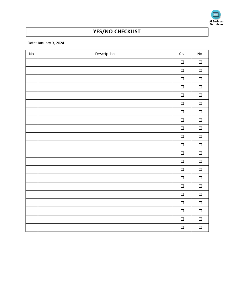 Kostenloses Yes & No Checklist With Regard To Blank Checklist Template Word