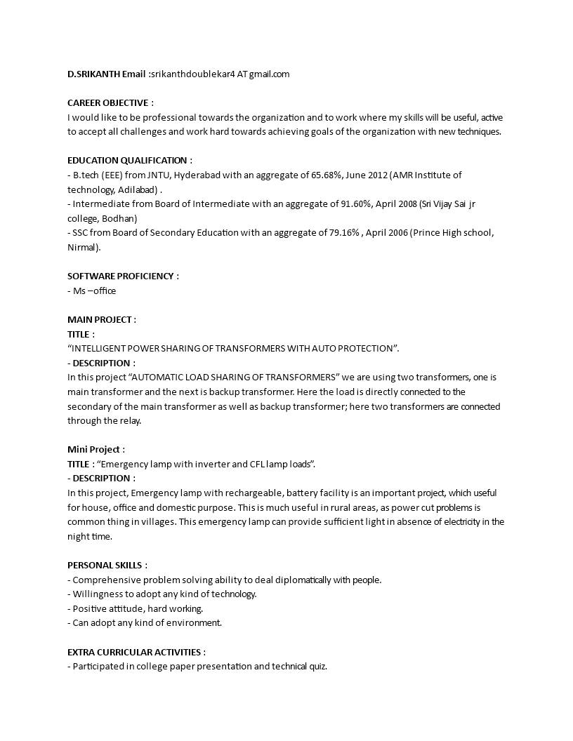 electrical engineer fresher cv template