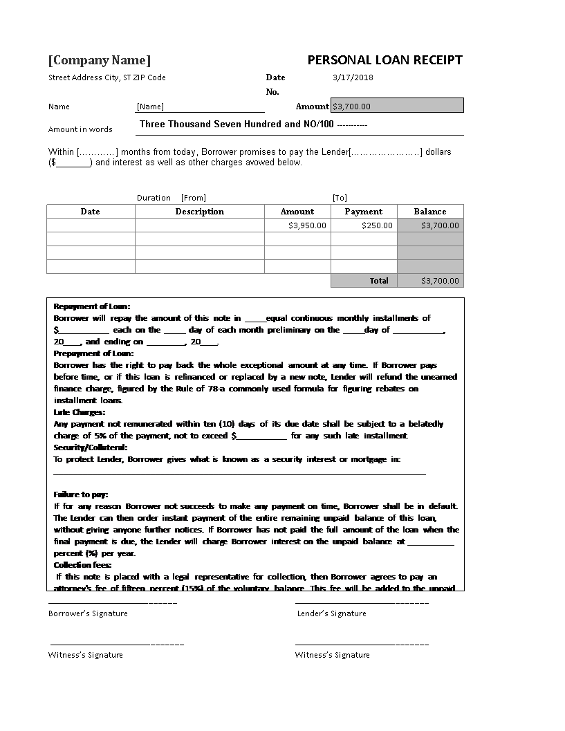 personal loan receipt template