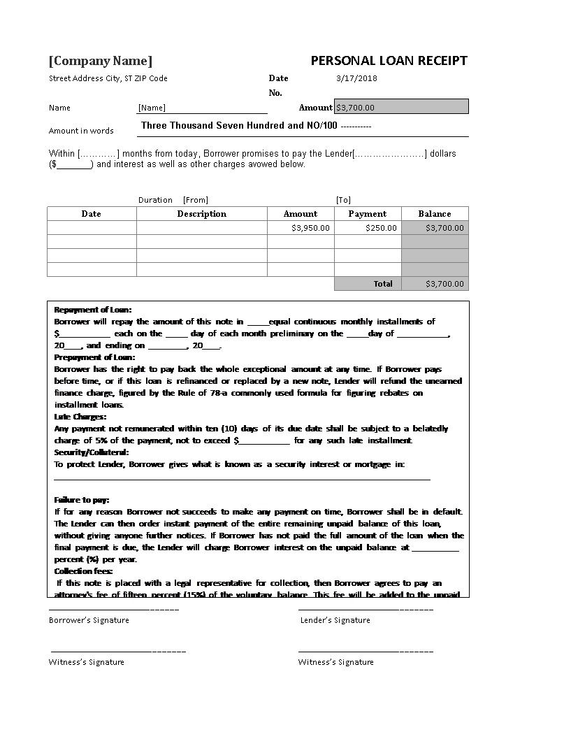 personal loan receipt voorbeeld afbeelding 