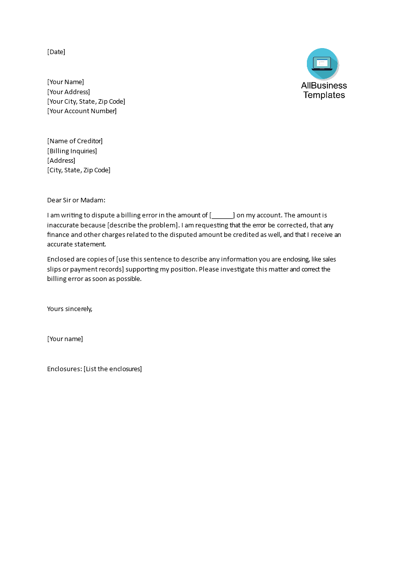 Kostenloses Sample Letter for Disputing Incorrect Billing With Regard To Dispute Letter To Creditor Template