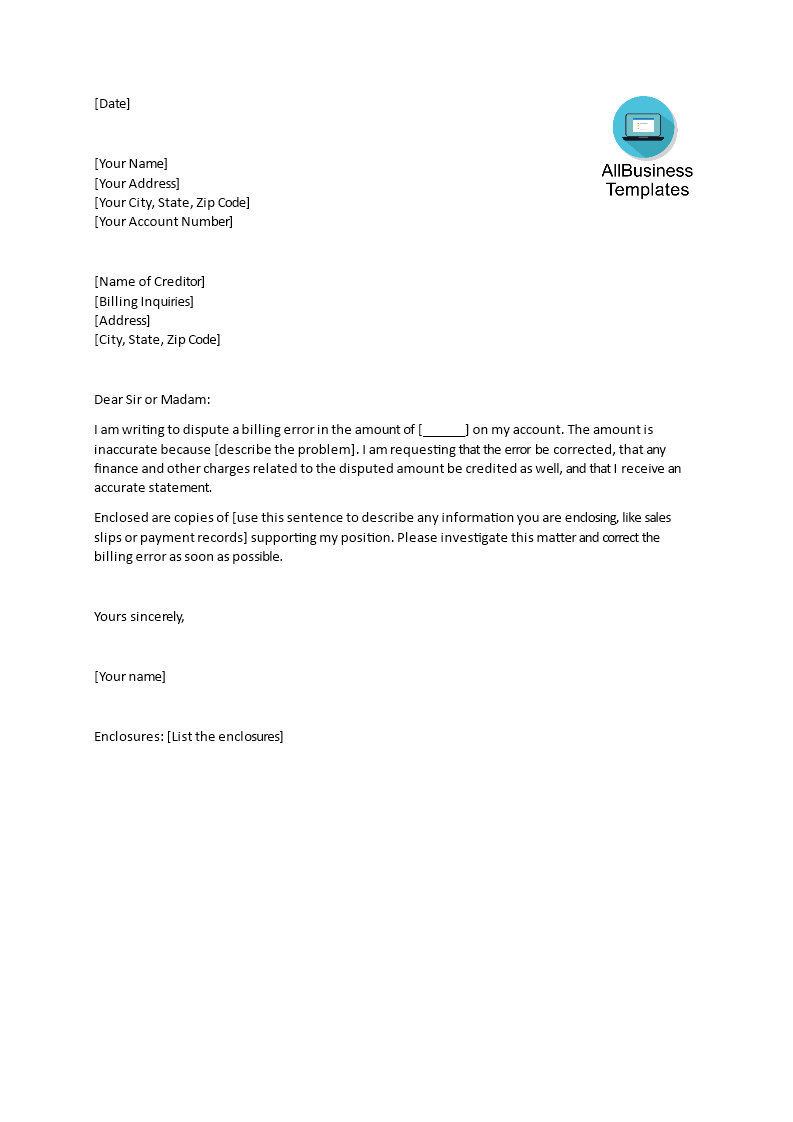 sample letter for disputing incorrect billing voorbeeld afbeelding 