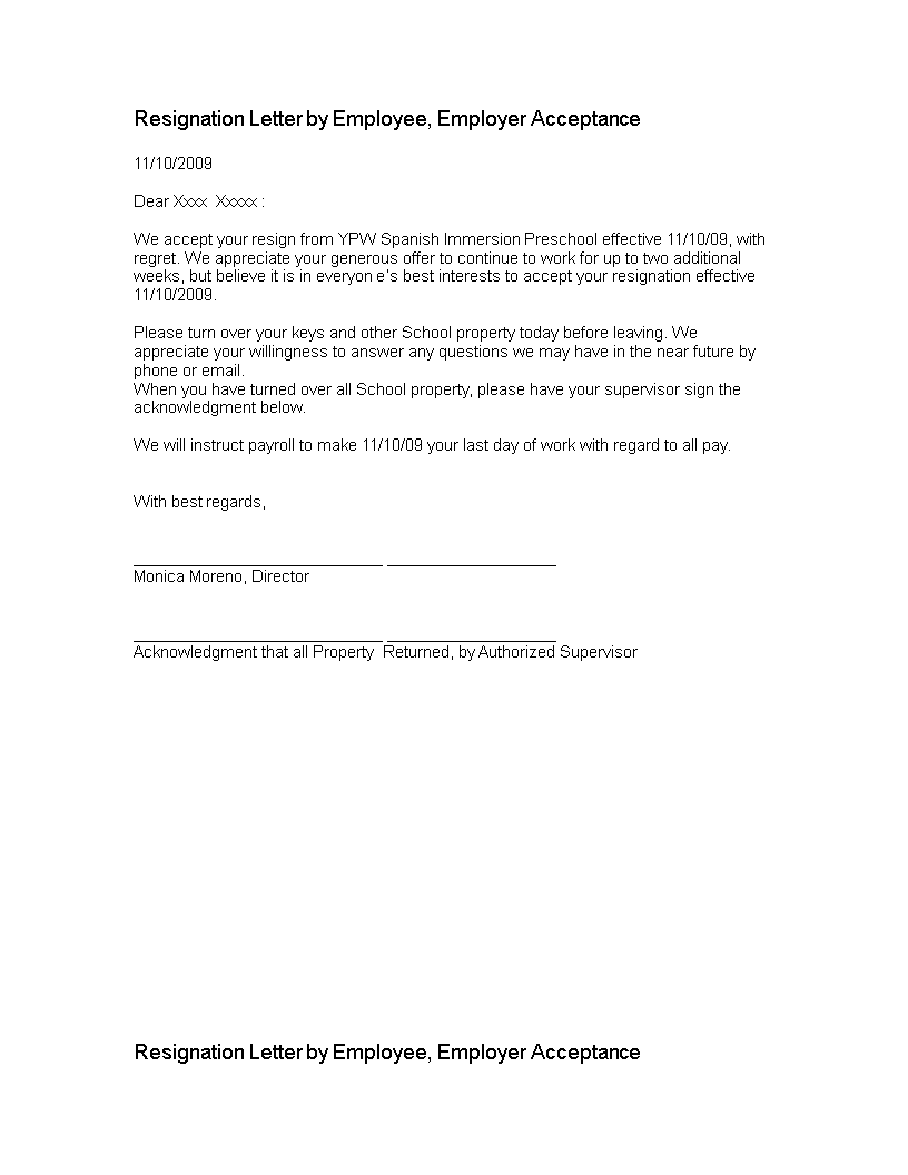 resignation letter by employee template