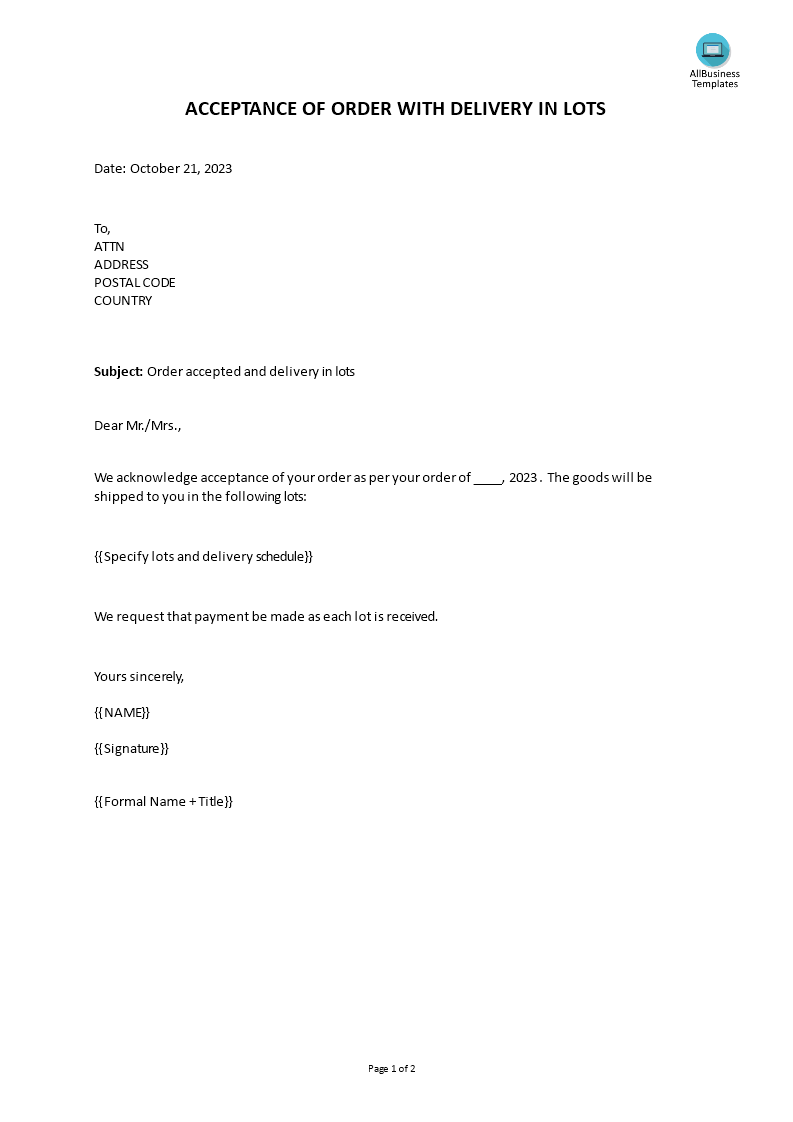 Acceptance Of Order With Delivery In Lots main image