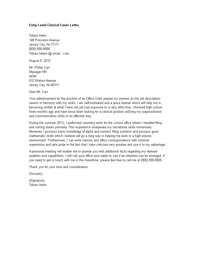 entry level clerical cover letter template