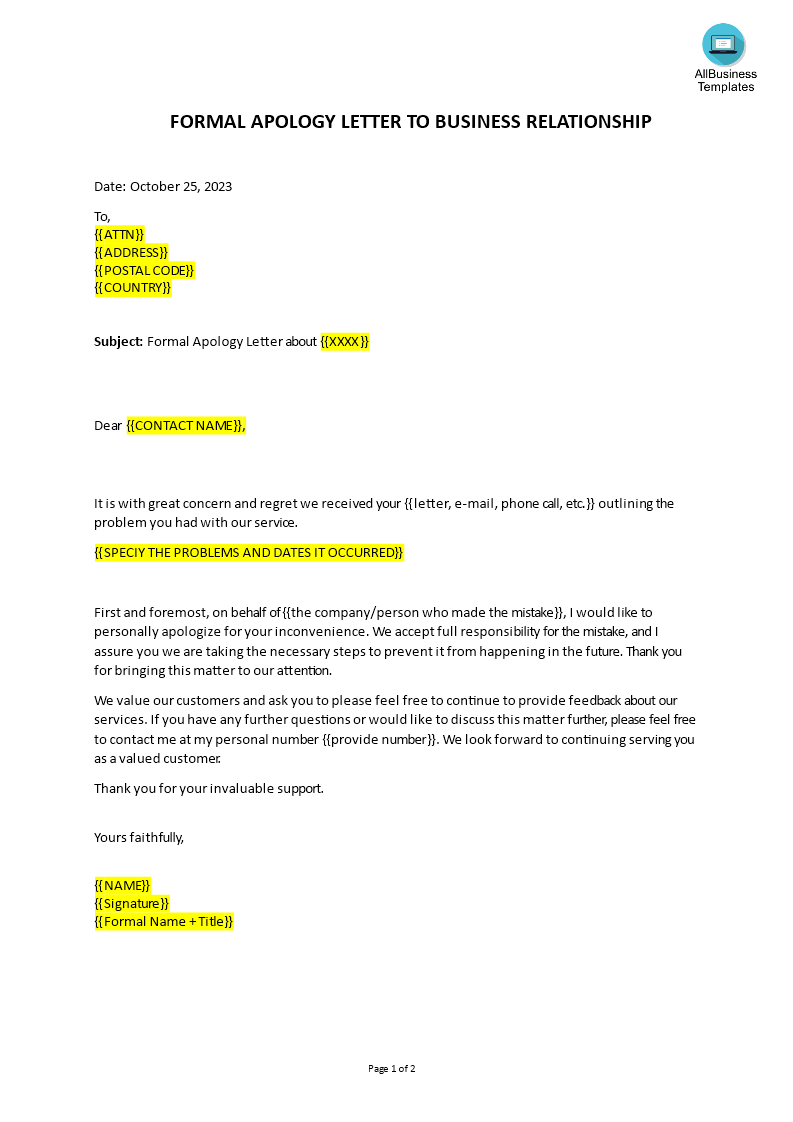 apology letter for not providing satisfying service Hauptschablonenbild