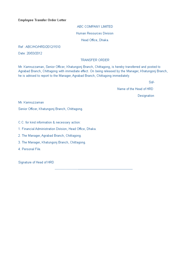 Employee Transfer Order Letter Format main image