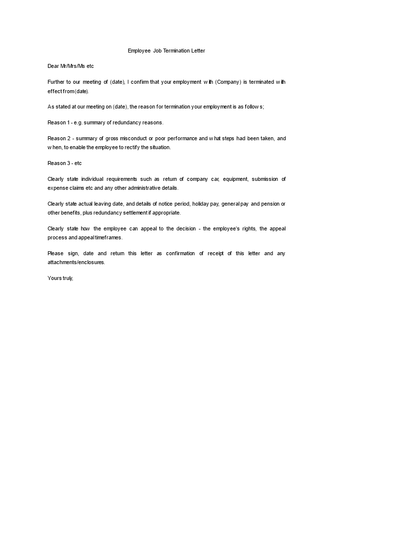 sample manager job termination letter modèles