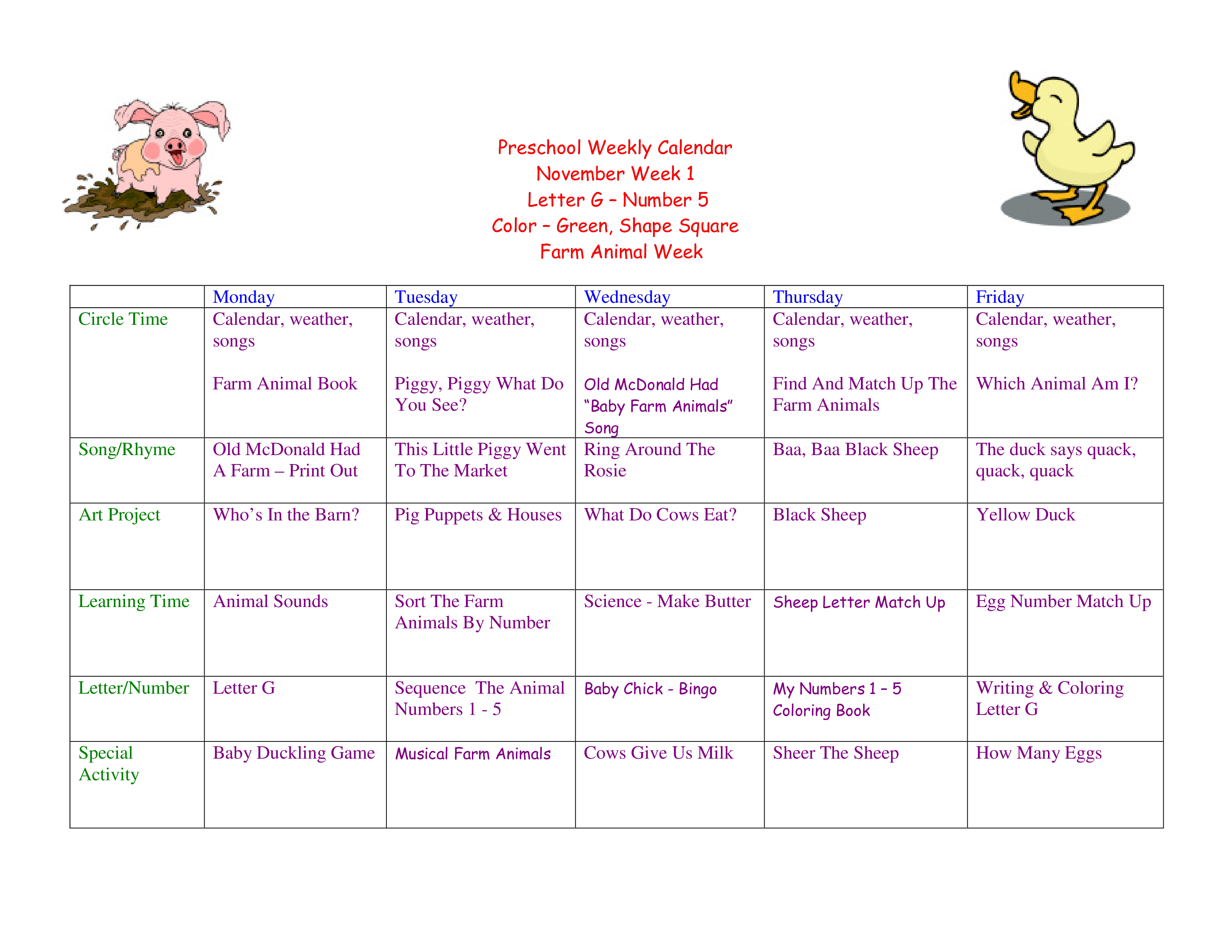 preschool weekly calendar template