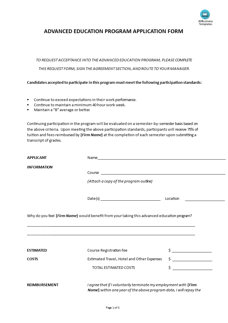 education application form template