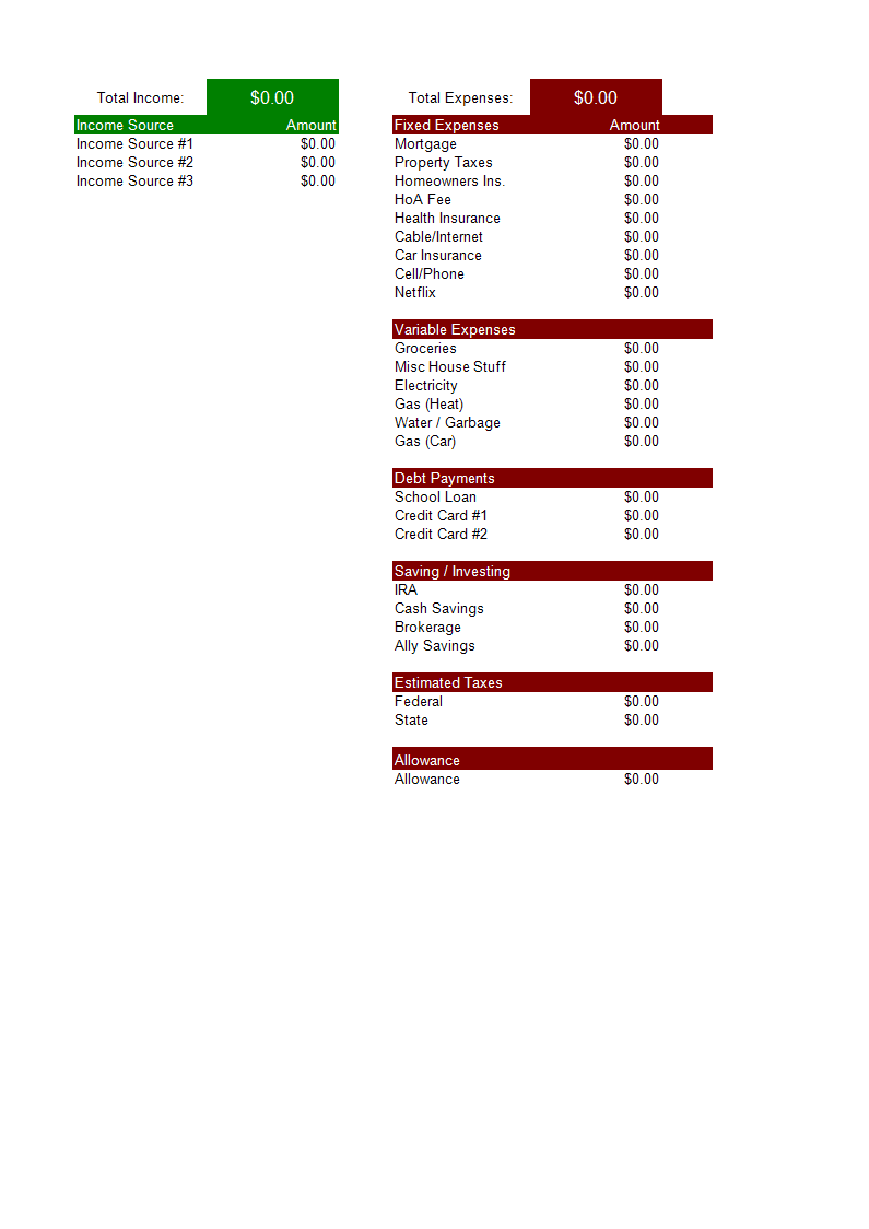 Budget Template excel spreadsheet main image