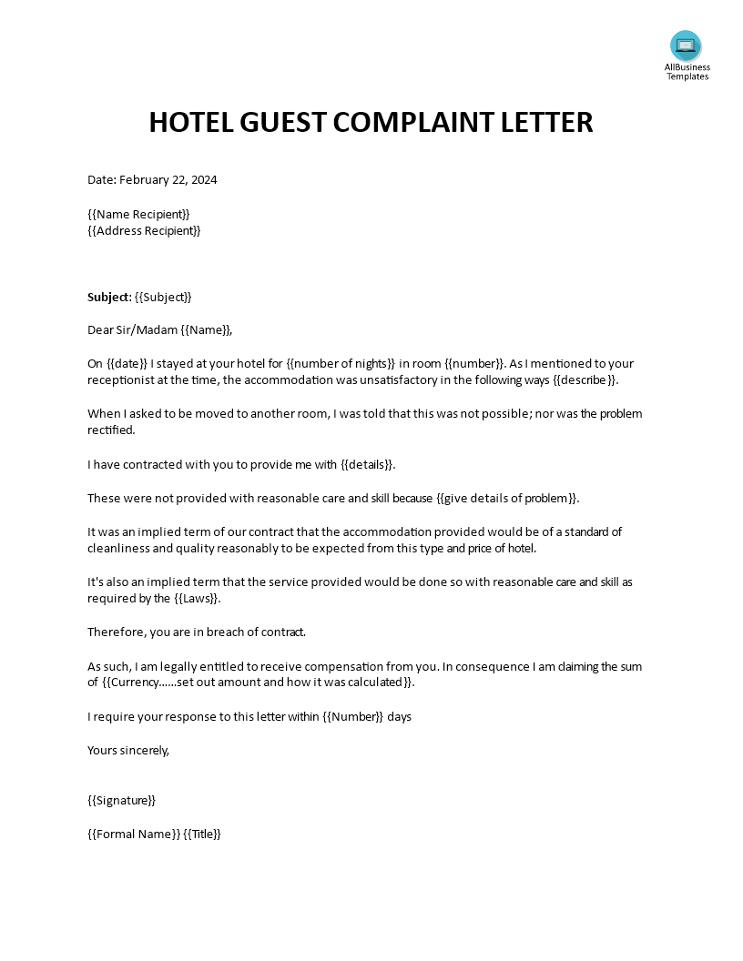 hotel guest complaint letter template