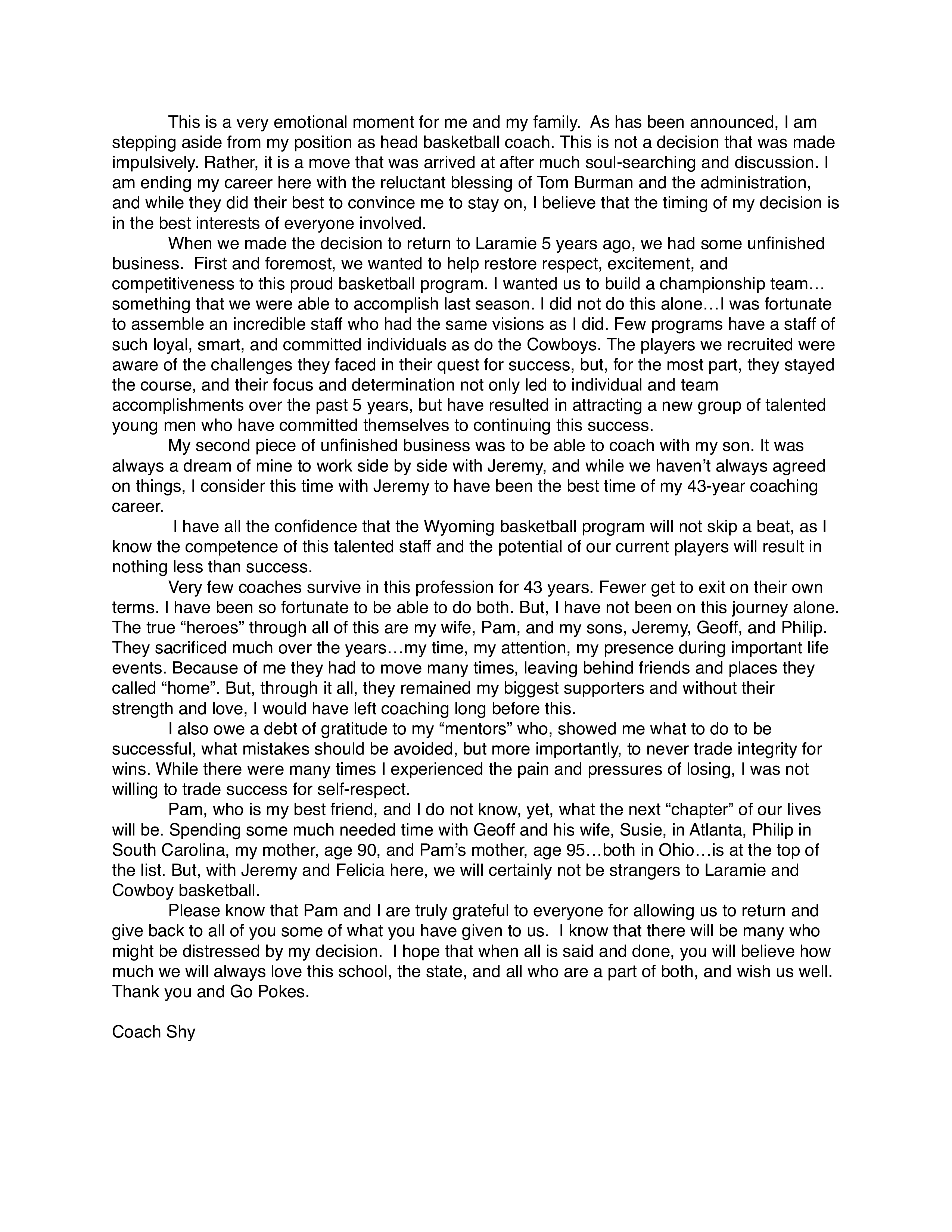 baseball coach resignation letter template