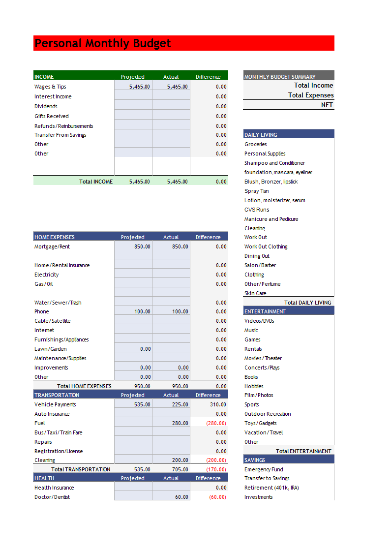 Printable Budget Template 模板